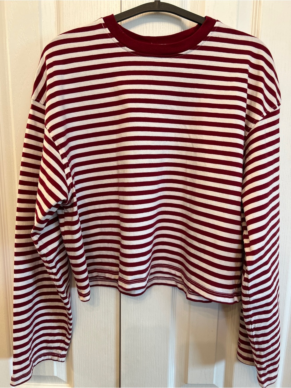 Garage Burgundy Red & White Striped Cropped Long Sleeve Tee Crewneck Sz S